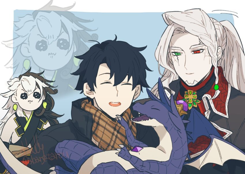 3boys, alessandro_di_cagliostro_(fate), ashiya_douman_(fate), ashiya_douman_(second_ascension)_(fate), asymmetrical_hair, black_hair, blue_background, border