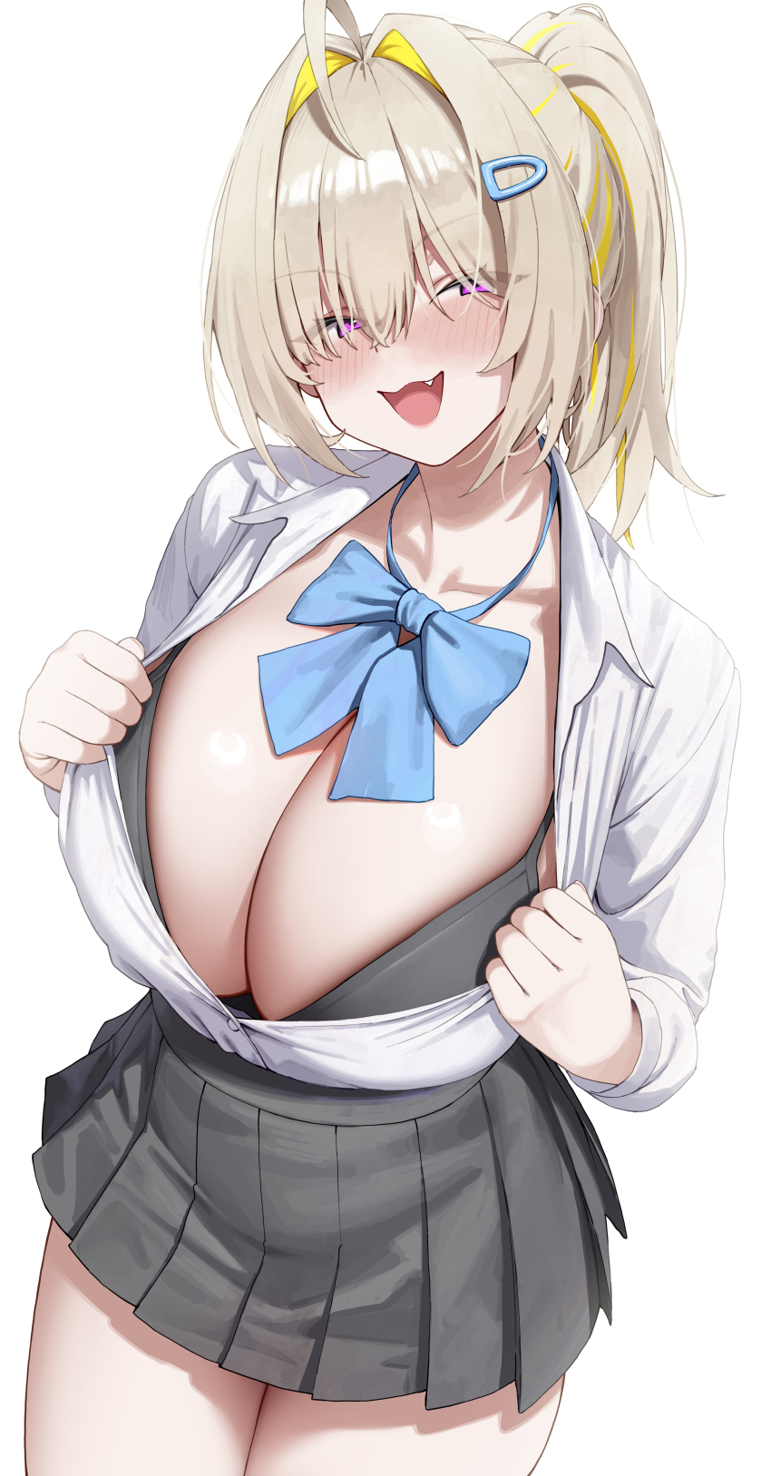 1girl, :d, absurdres, ahoge, blonde_hair, blue_bow, blue_bowtie, blush