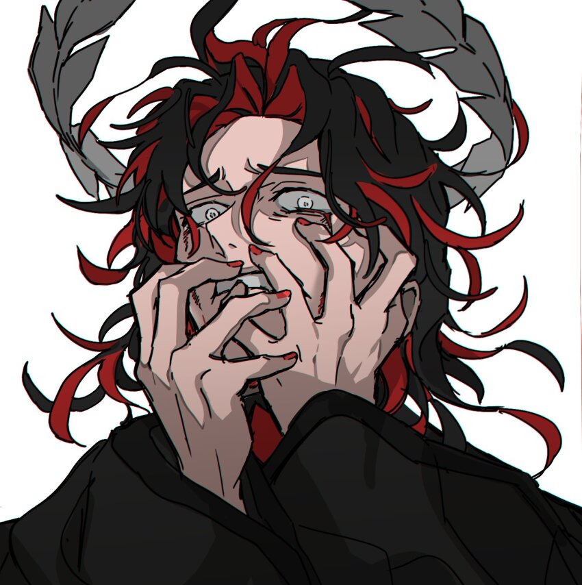 1boy, black_hair, blood, bloody_tears, crown, crying, curly_hair, dante_alighieri_(fate)