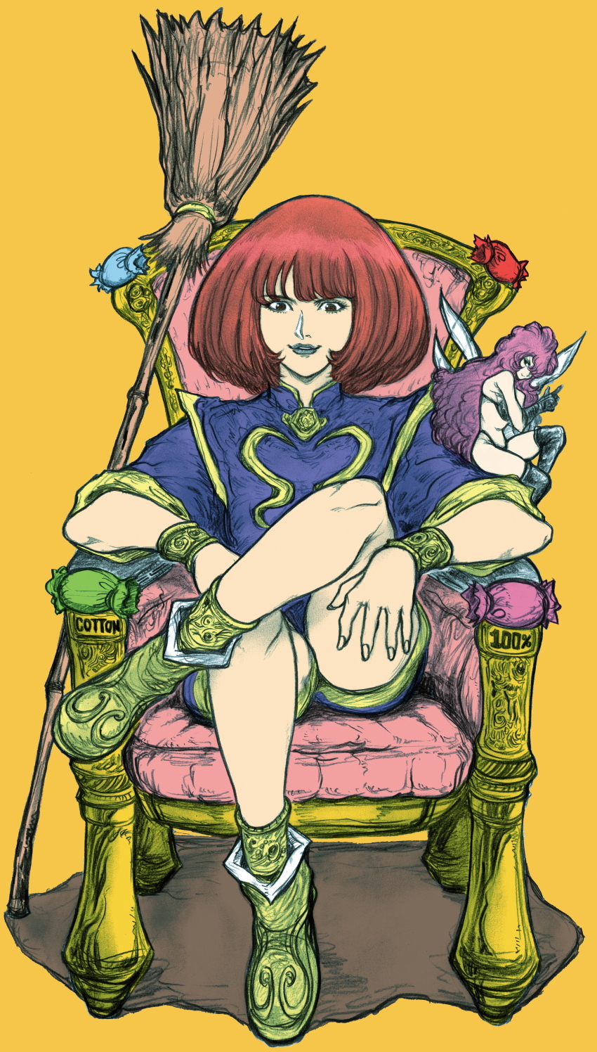 2girls, absurdres, aged_up, bikini, bob_cut, bracelet, broom, candy