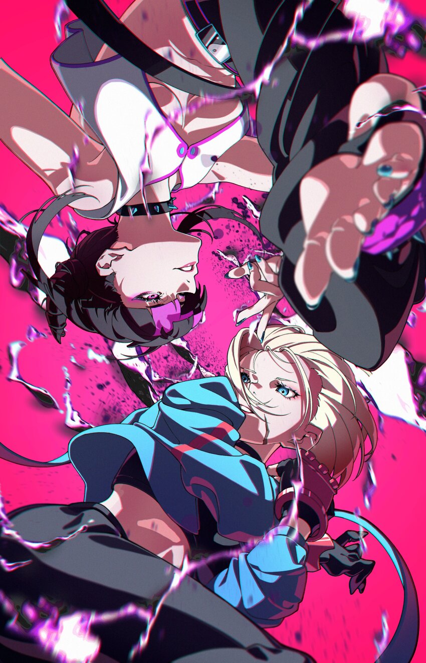 2girls, absurdres, anklet, baggy_pants, black_hair, black_pants, blonde_hair, blue_eyes