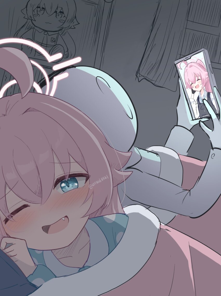 1boy, 1girl, ahoge, blanket, blue_archive, blue_eyes, blush, cellphone, cellphone_photo, doodle_sensei_(blue_archive), fang, hair_between_eyes, highres, holding, holding_phone, hoshino_(armed)_(blue_archive), hoshino_(blue_archive), indoors, long_hair, long_sleeves, lying, meme, on_back, on_side, one_eye_closed, open_mouth, phone, pink_hair, sensei_(blue_archive), shirt, smartphone, smile, under_covers, uttsu_(yumaviviane), white_shirt