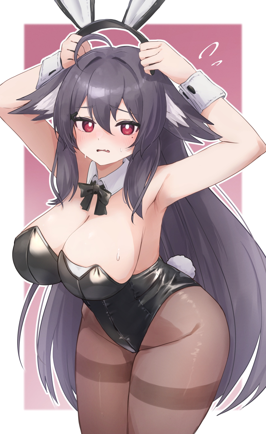 1girl, absurdres, ahoge, alternate_costume, animal_ear_fluff, animal_ears, armpits, arms_up