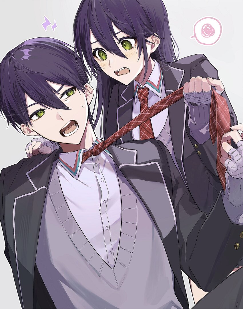 1boy, 1girl, artist_name, bandaged_hand, bandages, black_jacket, blazer, blush