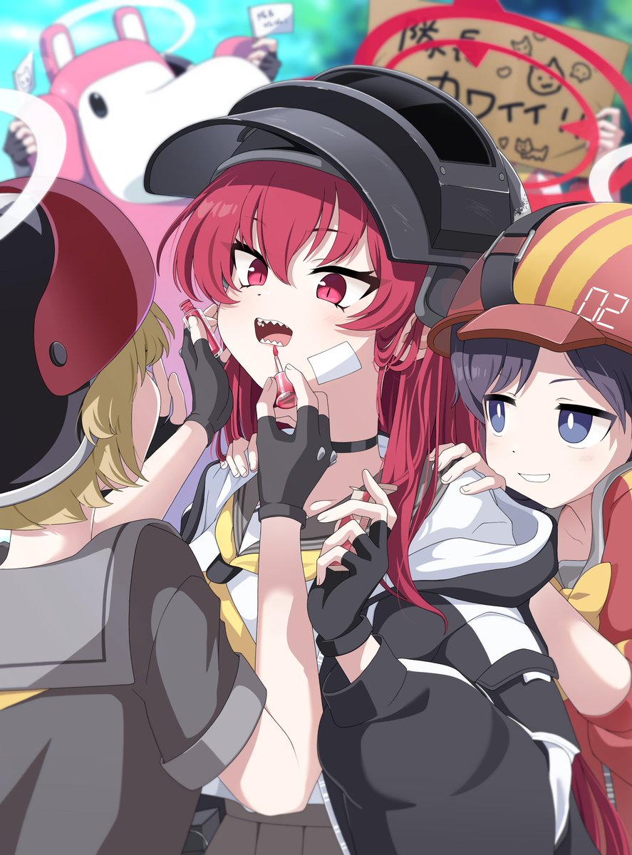 5girls, altyn_helmet, applying_another's_makeup, applying_lipgloss, applying_makeup, black_hair, black_hoodie, blonde_hair, blue_archive, combat_helmet, fingerless_gloves, gloves, halo, helmet, helmet_gang_officer_(blue_archive), helmet_gangster_(blue_archive), highres, hood, hoodie, kokolokokomika, lipgloss, multiple_girls, rabu_(blue_archive), red_hair, red_halo, sharp_teeth, teeth, translation_request, white_halo