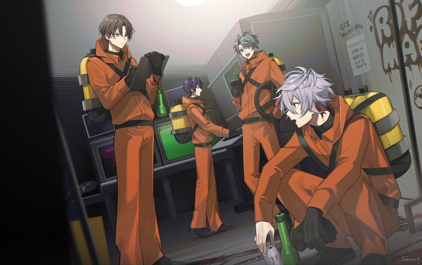 4boys, :d, artist_name, black_gloves, black_shirt, black_shoes, blue_eyes, blurry, blurry_foreground, can, clipboard, commentary_request, cosplay, crossed_bangs, crt, drink_can, earrings, flashlight, fuwa_minato, gloves, graffiti, green_eyes, grey_hair, hair_between_eyes, hands_up, hazmat_suit, highres, holding, holding_can, holding_clipboard, holding_pen, holding_walkie-talkie, indoors, jewelry, jumpsuit, kagami_hayato, kaida_haru, kenmochi_touya, lethal_company, long_sleeves, male_focus, monitor, multicolored_hair, multiple_boys, nijisanji, open_mouth, orange_jumpsuit, oxygen_tank, paper, parted_bangs, pen, purple_eyes, purple_hair, red_hair, rof-mao, saw_(dtn_error), shirt, shoes, short_hair, signature, smile, squatting, standing, streaked_hair, table, teeth, turtleneck, upper_teeth_only, virtual_youtuber, walkie-talkie, worker_(lethal_company), worker_(lethal_company)_(cosplay)