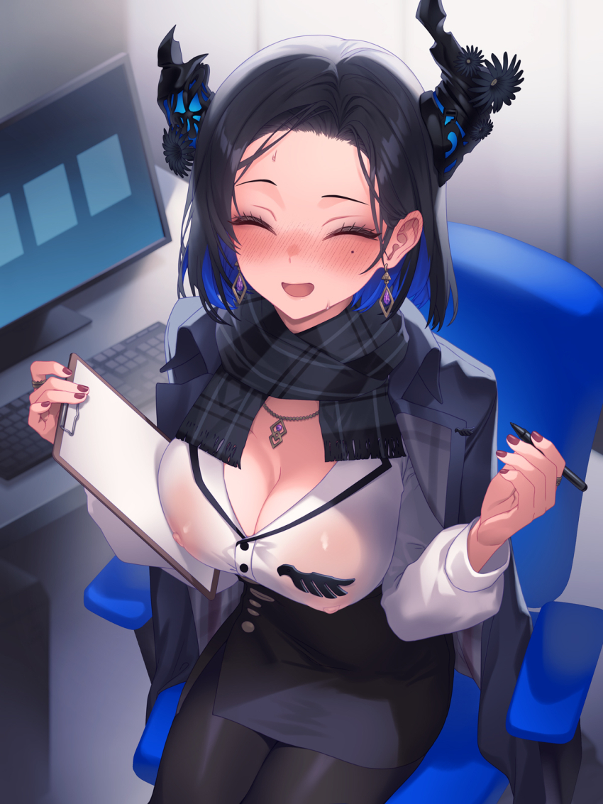 1girl, ^_^, asymmetrical_horns, black_hair, black_scarf, black_skirt, blue_hair, breasts