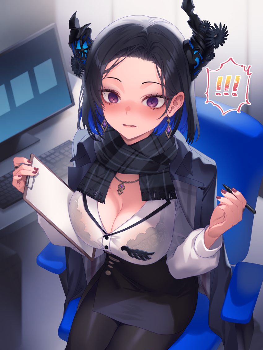!, !!, 1girl, asymmetrical_horns, black_hair, black_scarf, black_skirt, blue_hair