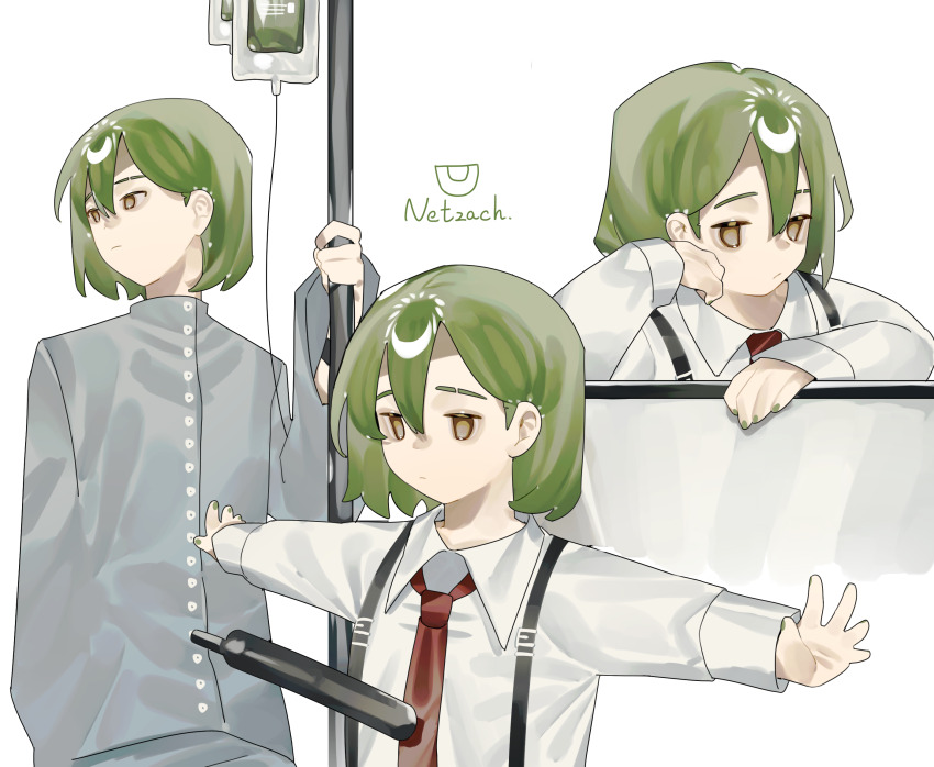 1boy, dress_shirt, giovanni_(project_moon), green_hair, green_nails, grey_pajamas, highres, intravenous_drip
