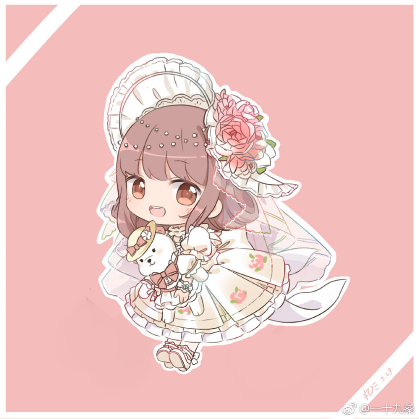 1girl, beads, bonnet, bow, brown_eyes, brown_hair, chibi, childlike_love_(miracle_nikki), chinese_commentary, circlet, commentary_request, dress, feijiu_jintian_ge_le_ma, floral_print, flower, footwear_bow, frilled_dress, frilled_headwear, frilled_sleeves, frilled_wrist_cuffs, frills, hair_beads, hair_ornament, happy, hat, hat_flower, high_heels, holding, holding_stuffed_toy, lace-trimmed_socks, leaf, leaning_forward, long_dress, looking_at_viewer, medium_hair, miracle_nikki, nikki_(series), open_mouth, outline, pink_background, pink_flower, pleated_dress, puffy_short_sleeves, puffy_sleeves, pumps, rose, rose_print, see-through_clothes, see-through_veil, shoes, short_sleeves, sidelocks, signature, smile, socks, solo, standing, stuffed_animal, stuffed_toy, teddy_bear, teeth, upper_teeth_only, veil, watermark, weibo_watermark, white_bonnet, white_bow, white_dress, white_flower, white_outline, white_rose, white_shoes, white_socks, white_veil, white_wrist_cuffs, wrist_cuffs, wrist_flower