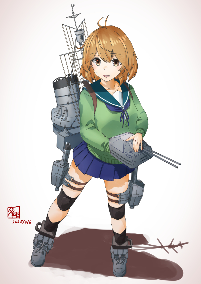 1girl, absurdres, adapted_turret, artist_logo, bandaid, bandaid_on_face, black_socks, blue_sailor_collar