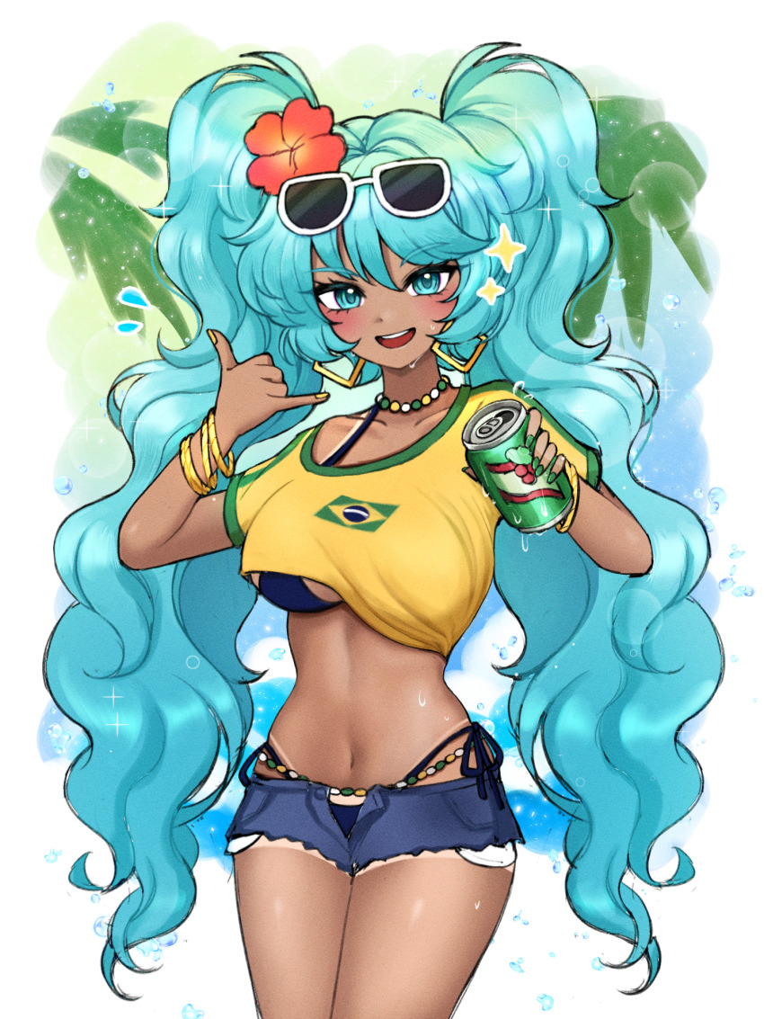 1girl, :d, alternate_breast_size_(larger), aqua_eyes, aqua_hair, bikini, blue_bikini, blush, bracelet, brazilian_miku, breasts, can, denim, denim_shorts, drink_can, earrings, eyewear_on_head, flower, guarana_antarctica, hair_between_eyes, hair_flower, hair_ornament, hatsune_miku, highres, holding, holding_can, hoop_earrings, jersey, jewelry, kaisin_ao, large_breasts, lens_flare, long_hair, looking_at_viewer, multicolored_nails, navel, necklace, open_mouth, pearl_necklace, shaka_sign, shirt, short_shorts, shorts, smile, soda_can, solo, sparkle, stomach, sunglasses, sweat, swimsuit, tan, tanline, teeth, twintails, upper_teeth_only, very_long_hair, vocaloid, yellow_shirt