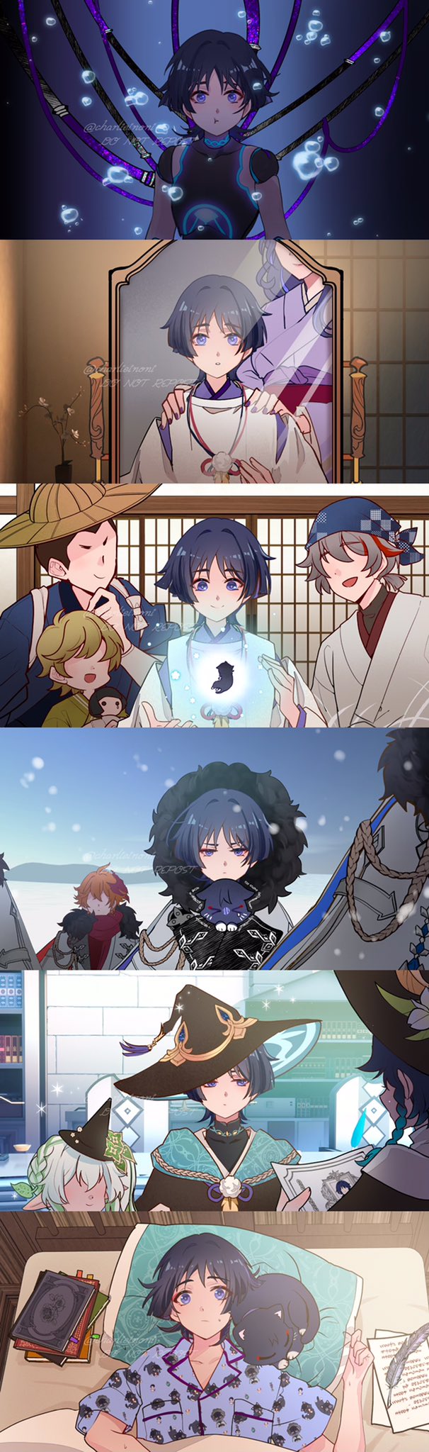 2girls, 6+boys, ahoge, aiguillette, ajirogasa, alternate_costume, alternate_universe, animal_print, animalization, aqua_hat, bed, black_bodysuit, black_cat, black_hair, black_hat, black_shirt, blue_kimono, blunt_ends, bodysuit, book, book_stack, bookshelf, bow, braid, bubble, cable, cat, cat_print, character_print, charlieinoni, cheek_bulge, closed_mouth, coat, collarbone, covered_collarbone, crossed_bangs, cup, doll, doll_joints, expressionless, eyeliner, eyeshadow, fatui_coat, fatui_logo, feathers, floating, flower, fur_hood, genshin_impact, glowing_markings, green_hair, green_kimono, grey_hair, hair_ornament, half_crown_braid, han'eri, hand_on_own_chin, hands_on_another's_shoulders, hat, hat_flower, hat_ornament, hat_tassel, head_on_pillow, headscarf, height_difference, highres, holding, holding_doll, hood, hood_down, hood_up, indoors, japanese_clothes, joints, kimono, lapels, layered_kimono, layered_sleeves, leaf, leaf_hair_ornament, leaf_hat_ornament, levitation, library, long_hair, long_sleeves, looking_at_animal, looking_at_another, looking_at_mirror, looking_at_viewer, looking_down, looking_up, lying, makeup, mask, mask_on_head, mirror, mother_and_child, mother_and_son, multicolored_hair, multiple_boys, multiple_girls, nahida_(genshin_impact), niwa_(genshin_impact), no_eyes, obi, obijime, on_back, on_bed, open_hands, open_mouth, orange_hair, outdoors, pajamas, paper, parent_and_child, person_and_animalization, pillow, plant, pom_pom_(clothes), potted_plant, purple_eyes, purple_hair, purple_kimono, purple_nails, purple_pajamas, purple_sleeves, quill, raiden_shogun, red_eyeliner, red_eyeshadow, red_hair, red_kimono, red_lips, red_scarf, reflection, sash, scaramouche's_sickly_friend_(genshin_impact), scaramouche_(cat)_(genshin_impact), scaramouche_(genshin_impact), scaramouche_(kabukimono)_(genshin_impact), scarf, shirt, short_eyebrows, shouji, side_ponytail, sidelocks, sideways_glance, single_braid, sleeveless, sleeveless_bodysuit, sliding_doors, smile, streaked_hair, string, submerged, tareme, tartaglia_(genshin_impact), tasuki, time_lapse, trembling, tsurime, turtleneck, turtleneck_shirt, twitter_username, two-sided_fabric, two-sided_headwear, v-shaped_eyebrows, venti_(genshin_impact), wanderer_(genshin_impact), watermark, white_bow, white_flower, white_hair, white_kimono, white_sleeves, winter_clothes, winter_coat, witch_hat, yellow_feathers