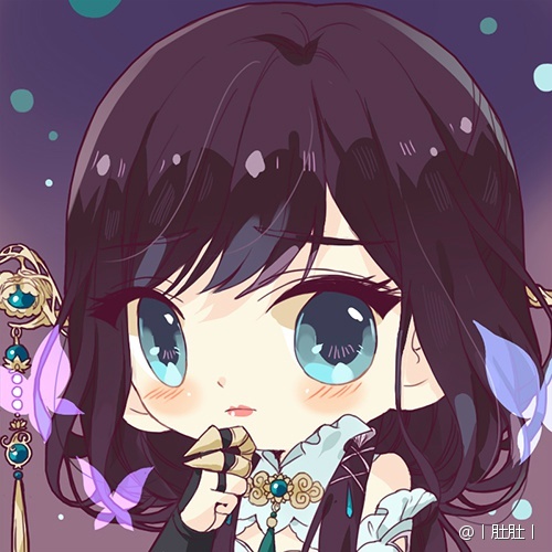 1girl, artist_name, bare_shoulders, blue_dress, blue_eyes, blue_sleeves, blush_stickers, bracer, brown_hair, bubble, bug, butterfly, chibi, chinese_clothes, chinese_commentary, cleavage_cutout, closed_mouth, clothing_cutout, collared_dress, commentary_request, detached_sleeves, dress, dudu_(weibo_1676559025), expressionless, eyelashes, frilled_sleeves, frills, gradient_background, hair_ribbon, hand_on_own_chin, high_collar, insect, lipstick, long_hair, long_sidelocks, long_sleeves, looking_at_viewer, lowres, makeup, ming_shuiyuan_(miracle_nikki), miracle_nikki, neck_tassel, nikki_(series), pink_lips, purple_background, purple_butterfly, ribbon, sidelocks, sleeveless, sleeveless_dress, solo, tassel, thinking, tress_ribbon, upper_body, very_long_hair, watermark, white_ribbon
