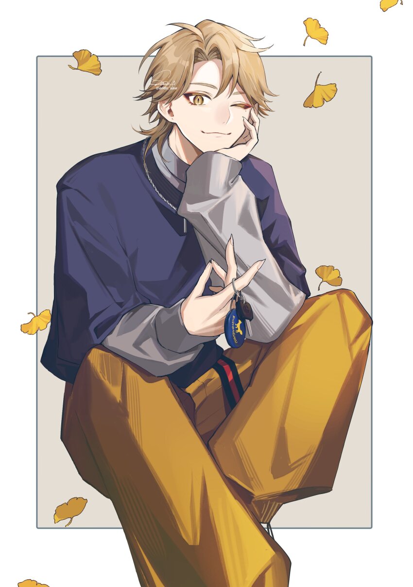 1boy, absurdres, ahoge, artist_name, blue_shirt, border, brown_eyes, brown_hair, car_keys, chain, chain_necklace, closed_mouth, eyeshadow, falling_leaves, fingernails, fushimi_gaku, fushimi_gaku_(10th_costume), ginkgo_leaf, grey_background, grey_shirt, hand_up, hashtag-only_commentary, highres, holding, jewelry, layered_sleeves, leaf, long_fingernails, long_sleeves, looking_at_viewer, makeup, male_focus, mole, mole_under_eye, necklace, nijisanji, official_alternate_costume, one_eye_closed, outside_border, pants, parted_bangs, puffy_long_sleeves, puffy_sleeves, red_eyeshadow, saw_(dtn_error), sharp_fingernails, shirt, short_hair, short_over_long_sleeves, short_sleeves, signature, sitting, smile, solo, twitter_username, virtual_youtuber, white_border, yellow_pants