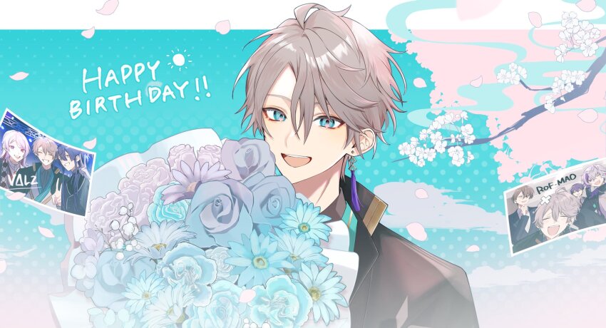 1boy, :d, ahoge, baby's-breath, black_haori, blue_eyes, blue_flower, blue_rose