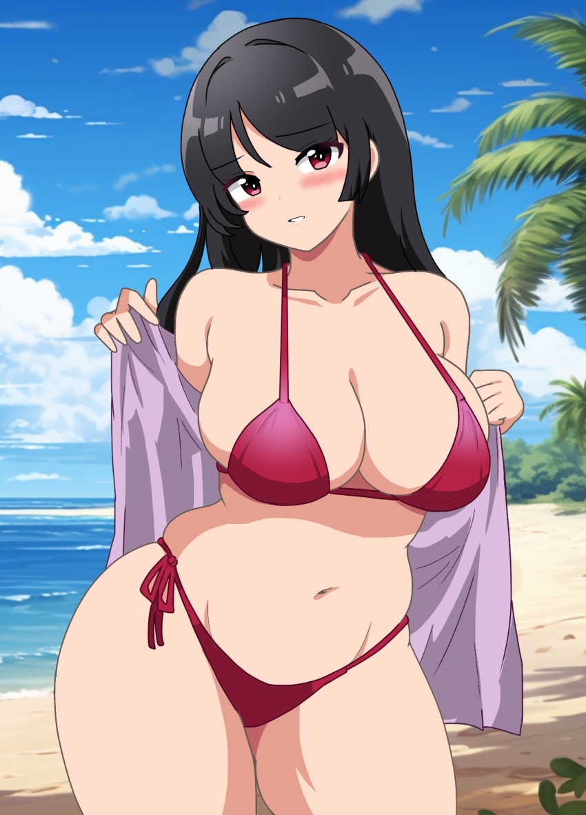 1girl, aged_up, beach, bikini, black_hair, blue_sky, blush, breasts, brown_eyes, cleavage, cloud, commentary_request, contrapposto, day, highres, horizon, kinako_mochi_(pixiv100419090), large_breasts, long_hair, navel, nintendo, nose_blush, ocean, outdoors, palm_tree, pokemon, pokemon_firered_and_leafgreen, purple_shirt, red_bikini, sabrina_(pokemon), shirt, side-tie_bikini_bottom, sky, smile, solo, swimsuit, tree, undressing