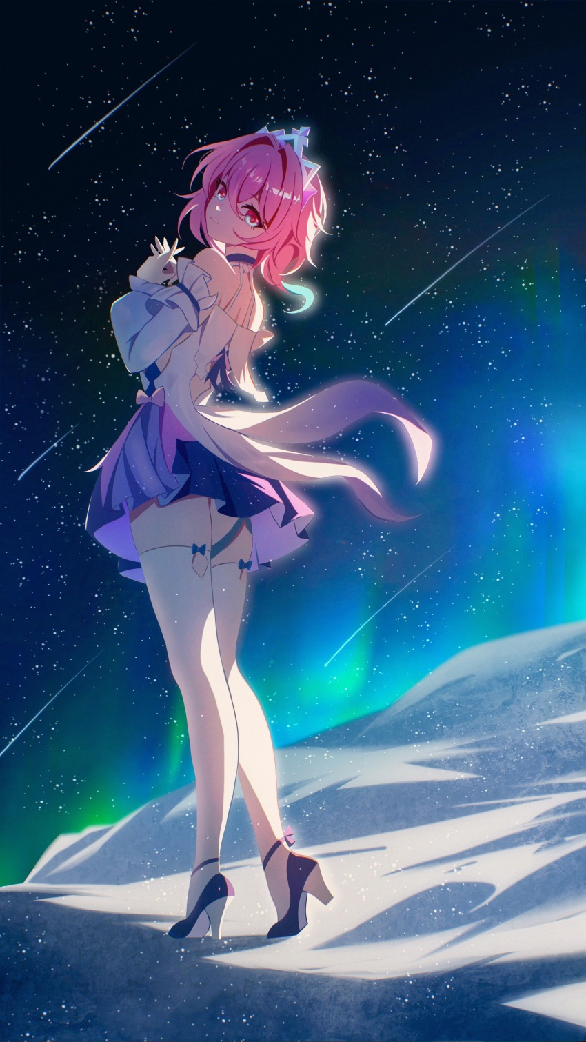 1girl, absurdres, aurora, bare_shoulders, blue_dress, blue_hair, blue_shoes, chinese_commentary