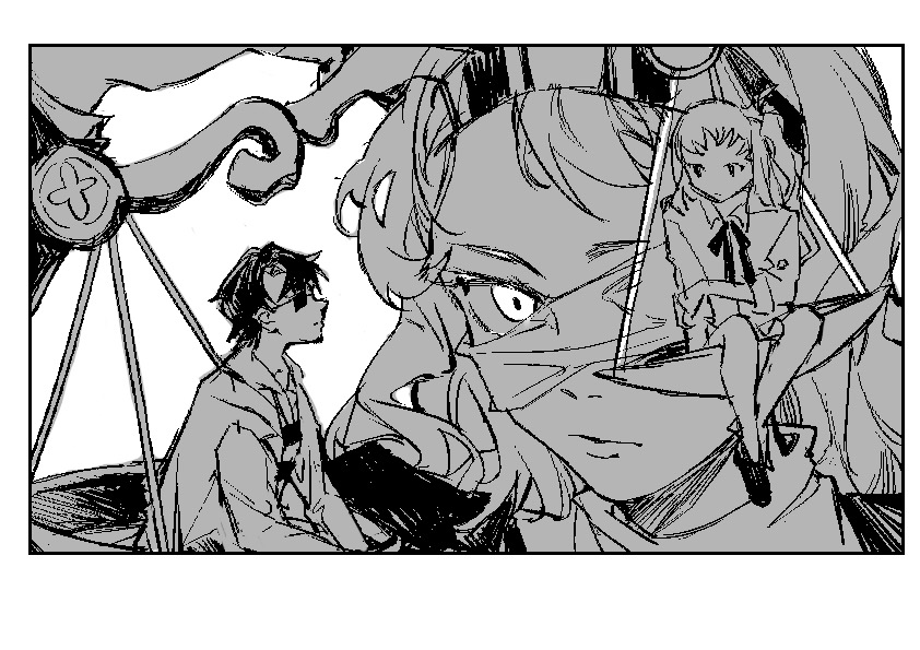 1boy, 2girls, balance_scale, bandage_over_one_eye, bare_legs, boots, border, bow, bowtie, character_request, chinese_commentary, closed_mouth, collared_shirt, commentary_request, crossed_ankles, expressionless, goggles, goggles_on_head, greyscale, hair_bow, hand_on_own_arm, holding_scale, hood, hood_down, hooded_jacket, jacket, lanbaoshi_ban_de_beihai_wangxiang_shaonu, li_meiyuan, light_frown, long_hair, long_sleeves, looking_at_another, lostack, mini_person, miniboy, minigirl, miniskirt, monochrome, multiple_girls, one_side_up, open_clothes, open_jacket, pleated_skirt, shirt, short_hair, sitting, skirt, sleeve_cuffs, striped_clothes, striped_shirt, sunglasses, turtleneck, turtleneck_shirt, two-tone_shirt, wavy_hair, weighing_scale, white_background, white_border, xia_wu