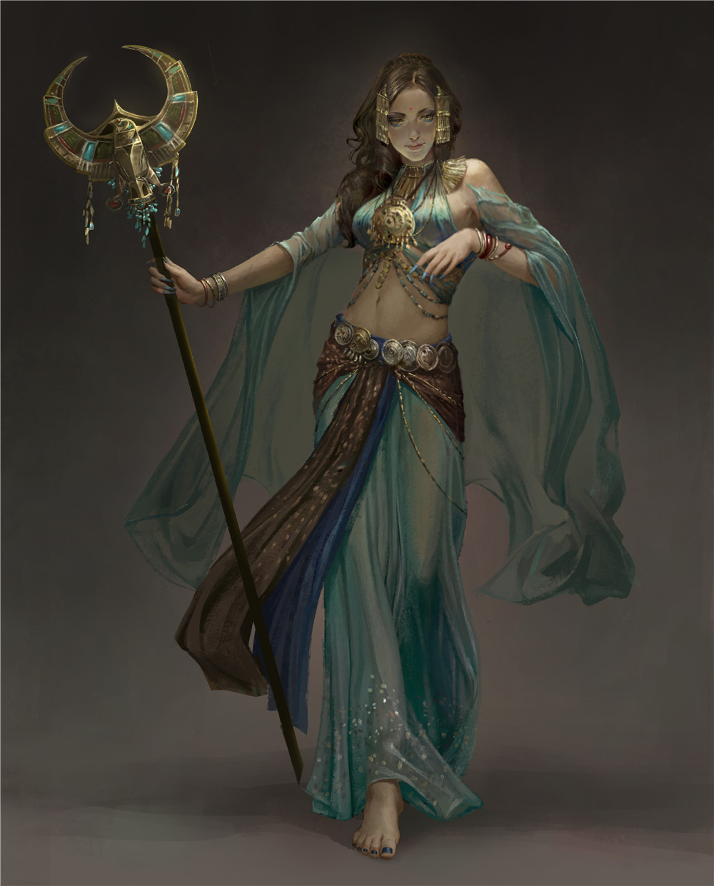 1girl, arabian_clothes, bare_shoulders, barefoot, blue_eyes, blue_nails, blue_pants, blue_shawl