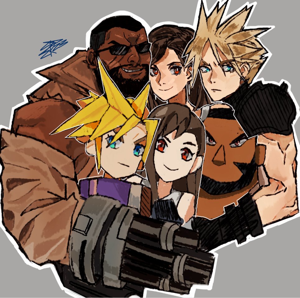 1girl, 2boys, arm_cannon, armor, barret_wallace, beard, black_hair, blonde_hair