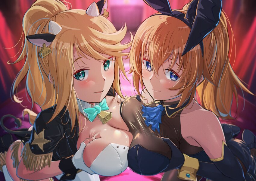 2girls, alice_gear_aegis, animal_ears, blonde_hair, blue_eyes, breast_press, breasts, charlotte_e._yeager