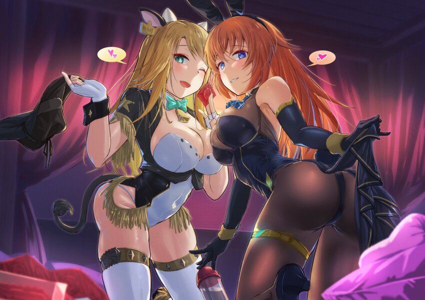 2girls, alice_gear_aegis, animal_ears, ass, blonde_hair, breasts, charlotte_e._yeager, cleavage