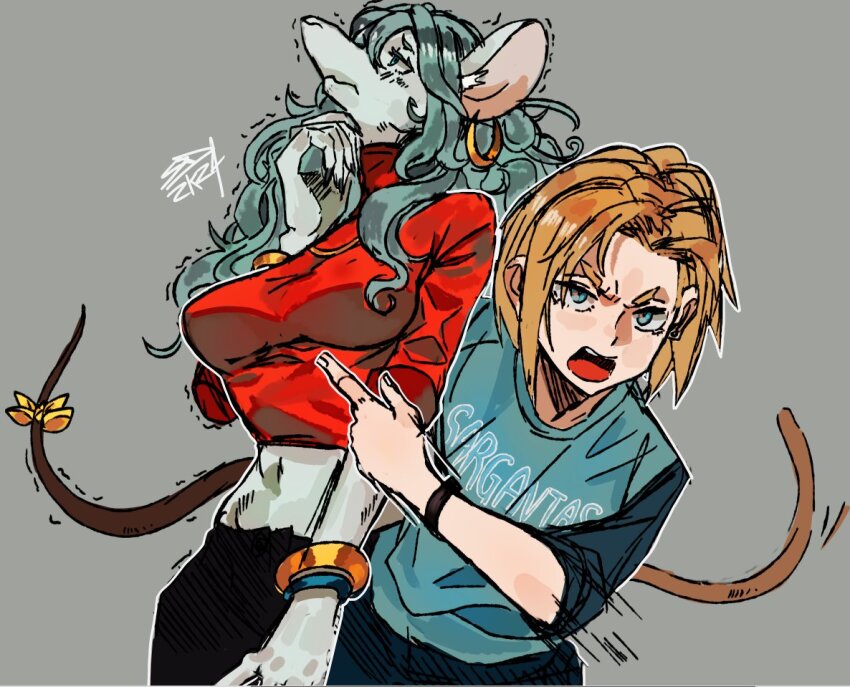 1boy, 1girl, alternate_costume, animal_ears, bishounen, blonde_hair, blue_eyes, blush