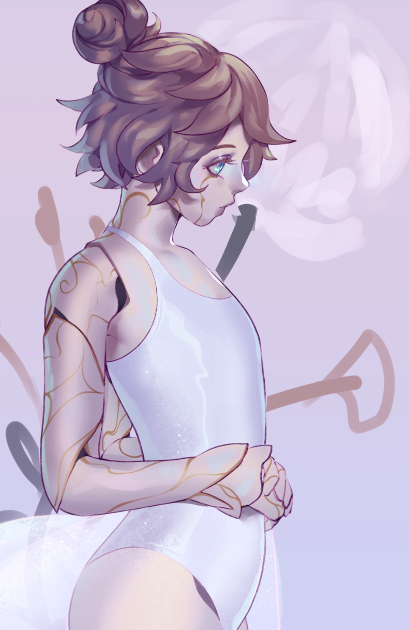 1girl, arm_tattoo, ballerina, bare_arms, bare_shoulders, brown_hair, cowboy_shot, flat_chest, from_side, grey_background, hair_bun, highres, league_of_legends, lyr_(lurrkingly), orianna_(arcane), orianna_(league_of_legends), pink_eyes, shiny_clothes, shiny_skin, short_hair, single_hair_bun, solo, tattoo, tutu