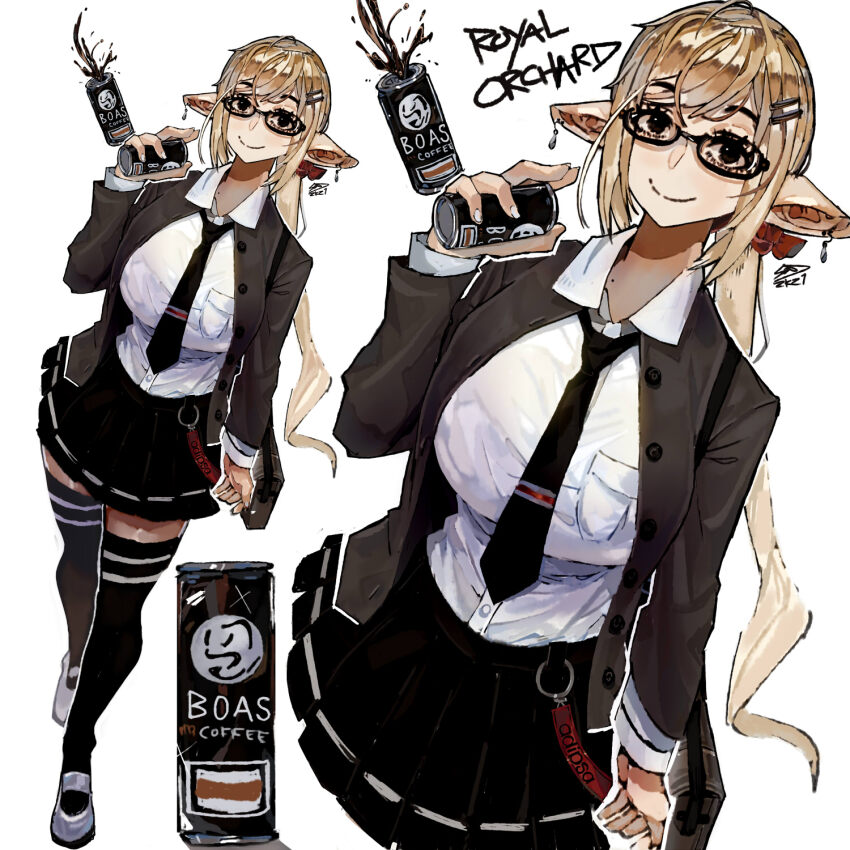 1girl, black-framed_eyewear, black_eyes, black_jacket, black_necktie, black_skirt, black_thighhighs, blonde_hair