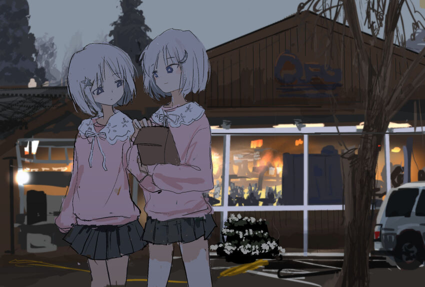 2girls, bob_cut, coeiroink, crescent, crescent_hair_ornament, grey_eyes, grey_hair, hair_ornament