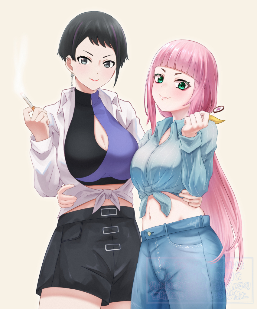 2girls, absurdres, black_eyes, black_hair, black_shorts, blue_pants, blue_shirt, breasts