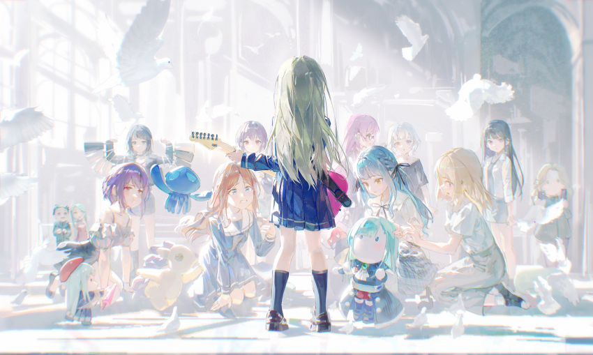 6+girls, absurdres, ave_mujica_(bang_dream!), bag, bang_dream!, bang_dream!_it's_mygo!!!!!, bird, black_hair, black_jacket, black_ribbon, black_shoes, black_skirt, black_socks, blonde_hair, blue_eyes, blue_hair, blue_shirt, blue_skirt, blush, brown_eyes, brown_hair, brown_shoes, chihaya_anon, chinese_commentary, chromatic_aberration, clenched_teeth, commentary_request, dove, dress, everyone, glasses, green_hair, grey_dress, grey_eyes, grey_hair, grey_neckerchief, grey_shirt, grey_skirt, heterochromia, highres, jacket, kaname_raana, kneehighs, kneeling, matsugi_ririko, medium_hair, misumi_uika, mori_minami, mortis_(bang_dream!), mortis_(costume)_(bang_dream!), mother_and_child, mother_and_daughter, multiple_girls, mygo!!!!!_(bang_dream!), nagasaki_soyo, neck_ribbon, neckerchief, off-shoulder_shirt, off_shoulder, open_mouth, parent_and_child, pink_eyes, pink_hair, plaid_clothes, plaid_skirt, pleated_skirt, pout, purple_hair, red_dress, ribbon, school_uniform, shiina_taki, shirt, shoes, shopping_bag, short_hair, sidelocks, skirt, sleeveless, sleeveless_dress, socks, squatting, standing, takamatsu_tomori, teeth, togawa_sakiko, tsukinomori_school_uniform, umbrella, wakaba_mutsumi, wakaba_mutsumi_(doll), white_hair, white_shirt, yahata_umiri, yellow_eyes, yuuki_(yuuki08435994), yuutenji_nyamu