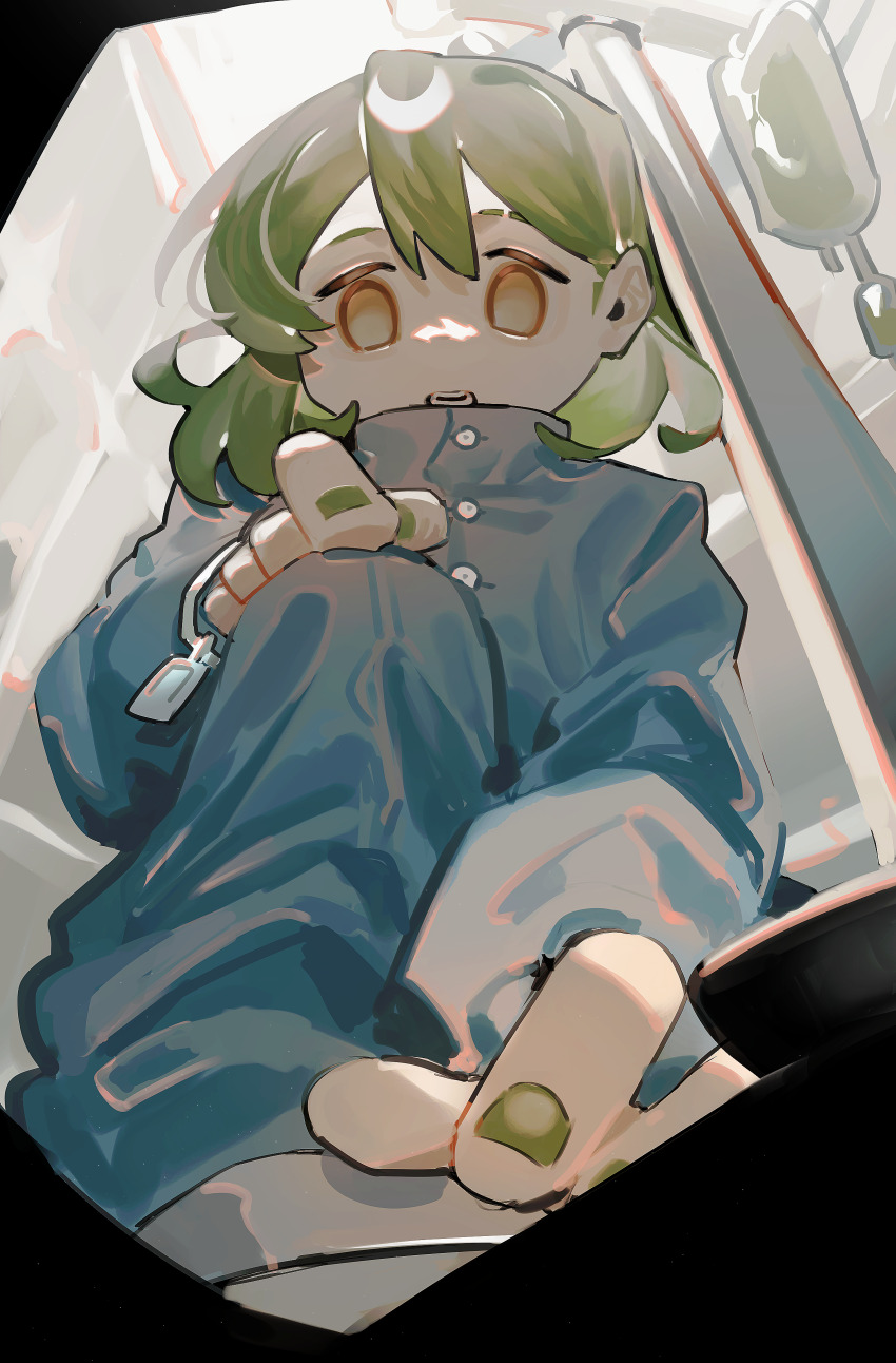 1boy, absurdres, blue_pajamas, blue_pants, blue_shirt, brown_eyes, buttons, from_below, giovanni_(project_moon), green_hair, green_nails, highres, hospital, id_bracelet, indoors, intravenous_drip, kneeling, lobotomy_corporation, male_focus, pajamas, pants, project_moon, shirt, short_hair, solo, toeiki_c