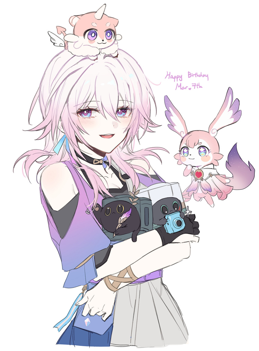 1girl, 1other, adapted_costume, animal, animal_on_head, black_choker, black_gloves, blue_eyes