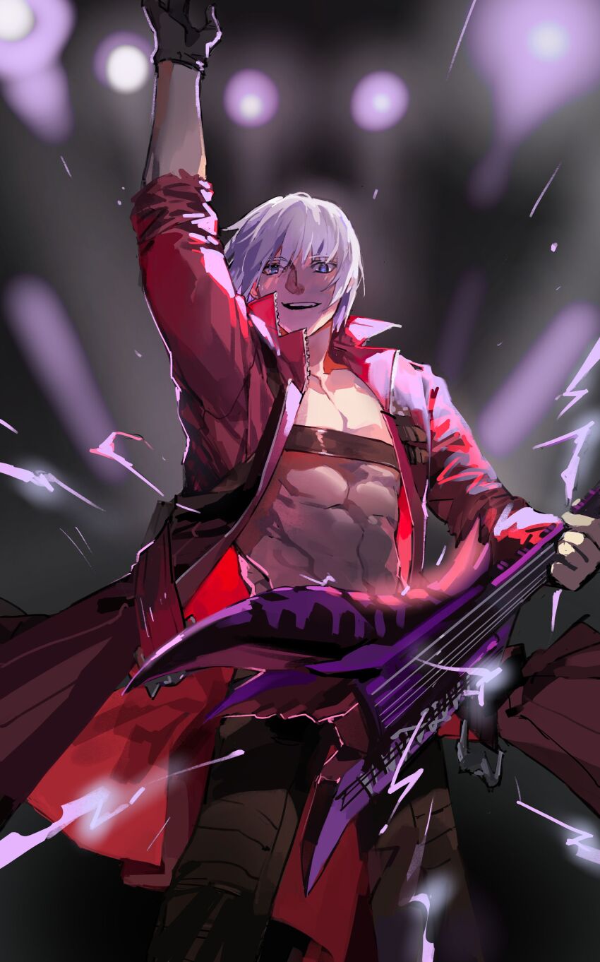 1boy, abs, absurdres, arm_up, black_background, black_gloves, blue_eyes, blurry