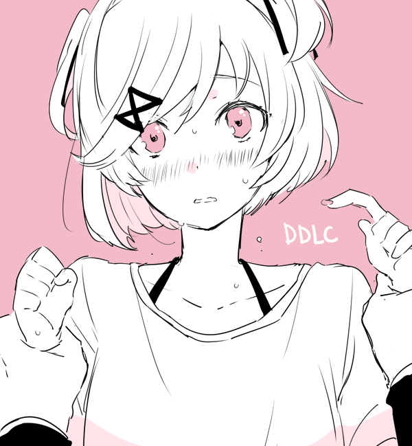 1girl, blush, collarbone, commentary_request, copyright_name, doki_doki_literature_club, full-face_blush, greyscale_with_colored_background, hair_ornament, hair_ribbon, hairclip, holding_another's_wrists, looking_at_viewer, medetai, natsuki_(doki_doki_literature_club), parted_lips, partial_commentary, pink_background, pink_eyes, portrait, pov, pov_hands, ribbon, short_hair, shy, sketch, solo_focus, spot_color, sweat, swept_bangs, two_side_up, wavy_mouth, x_hair_ornament