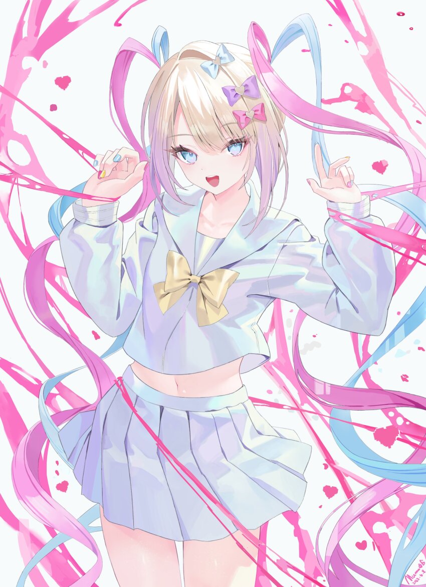 1girl, :d, absurdres, arms_up, blonde_hair, blouse, blue_bow, blue_eyes