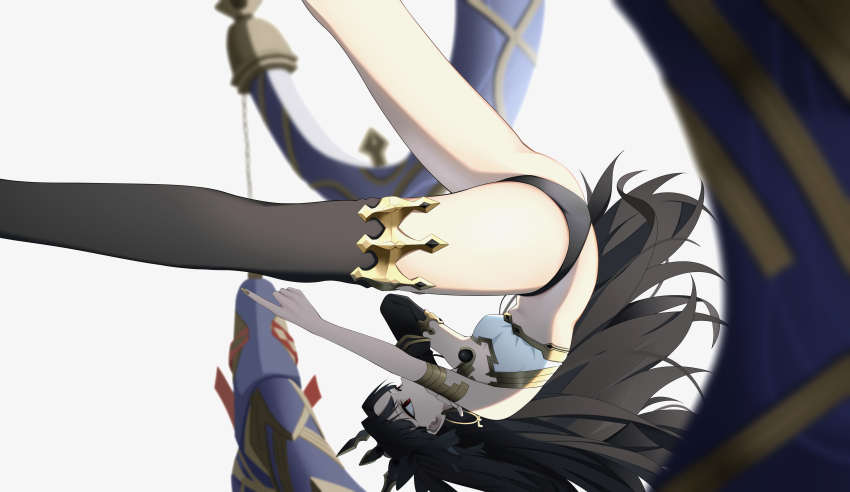 1girl, absurdres, asymmetrical_legwear, black_hair, crop_top, detached_sleeves, earrings, fate/grand_order