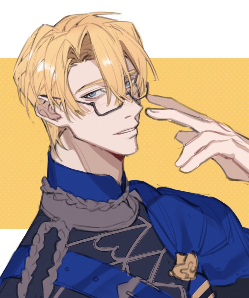 1boy, arm_up, belt, belt_buckle, bespectacled, black-framed_eyewear, black_shirt, blonde_hair
