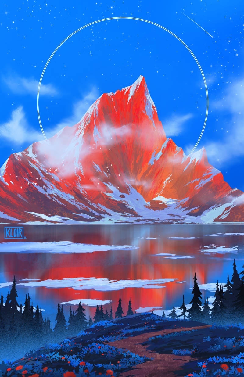 bird, flower, fog, forest, highres, kloir, lake, landscape, mountain, nature, night, no_humans, original, painterly, pine_tree, red_flower, road, scenery, shooting_star, sky, snow, star_(sky), starry_sky, sunburst, tree