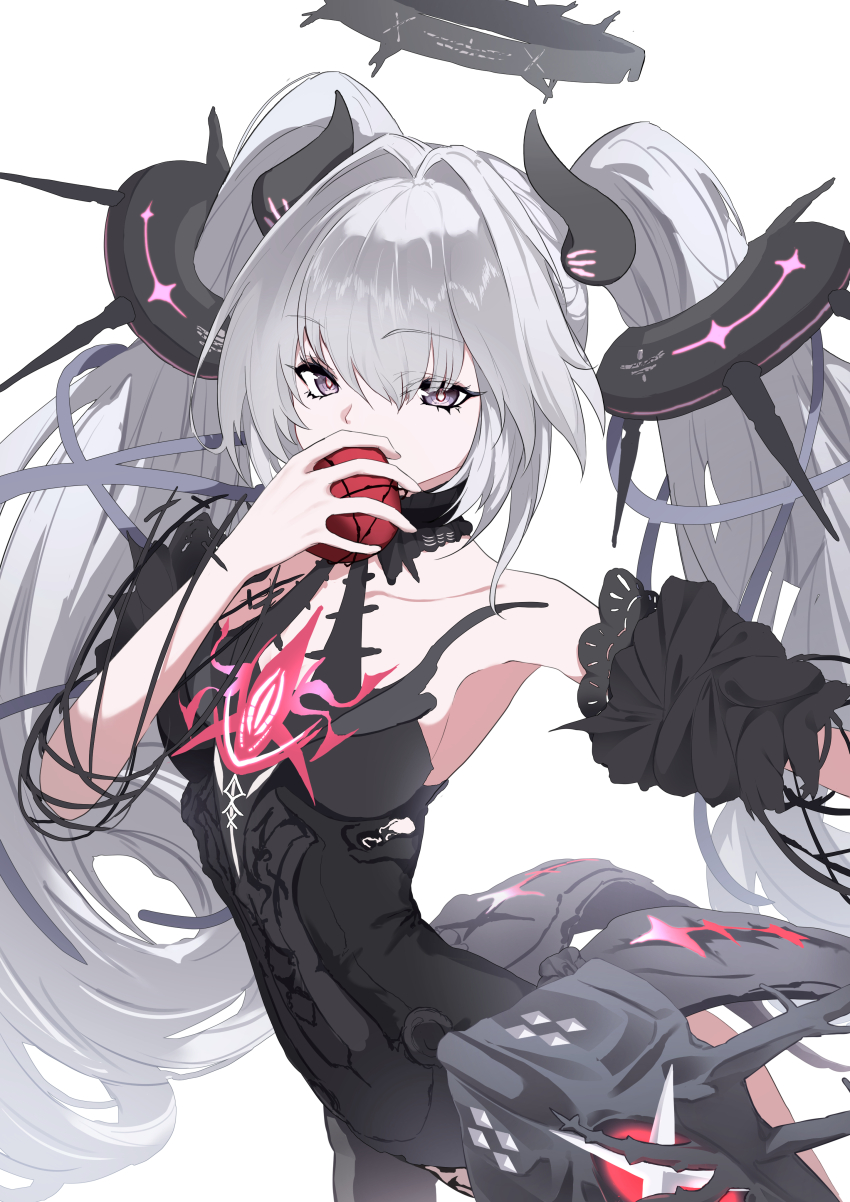 1girl, absurdres, black_choker, black_dress, black_halo, black_horns, choker, demon_horns, detached_sleeves, dress, floating_headgear, frilled_choker, frills, grey_eyes, grey_hair, hair_intakes, halo, headgear, highres, horns, long_hair, luna:_oblivion_(pgr), luna:_oblivion_(tainted_moonrise)_(pgr), luna_(pgr), official_alternate_costume, punishing:_gray_raven, short_sleeves, sidelocks, solo, takashi_san, twintails, very_long_hair, white_background