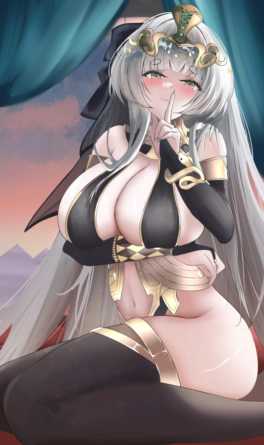 1girl, absurdres, arm_under_breasts, azur_lane, bare_shoulders, bartolomeo_colleoni_(azur_lane), bartolomeo_colleoni_(the_empress'_romantic_ambush)_(azur_lane), black_thighhighs