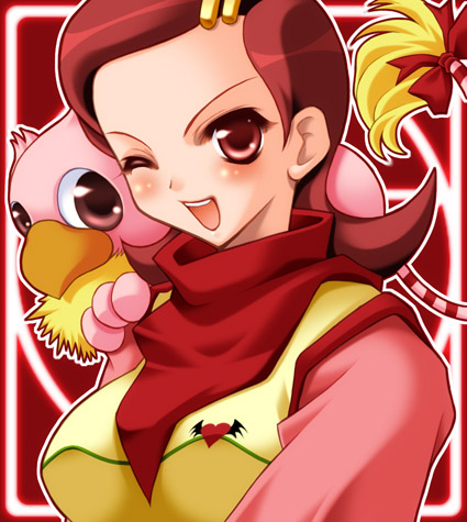 1girl, ;d, bandana, bandana_around_neck, breasts, demon_(megami_tensei), griffin, hair_ornament