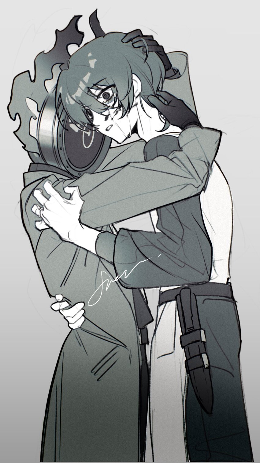 1boy, 1other, apron, belt, blood, blood_on_face, clock, coat