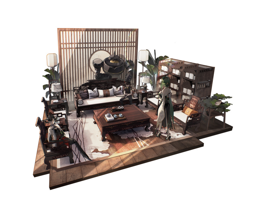 1boy, 2girls, :o, absurdres, armchair, backless_dress, backless_outfit, bare_back