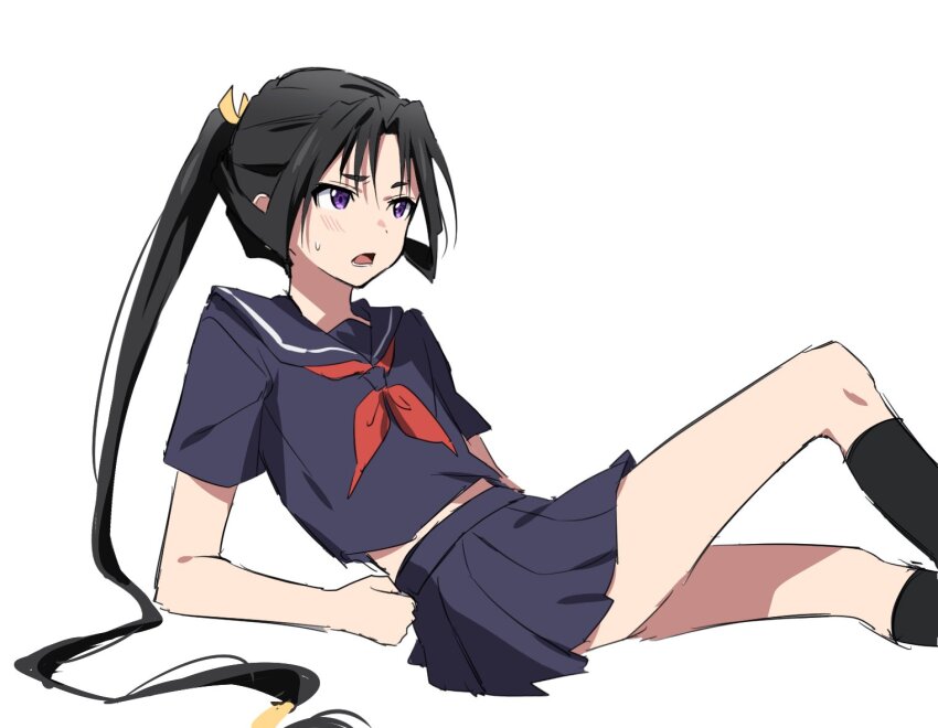 1boy, androgynous, black_hair, black_socks, blue_shirt, blue_skirt, crossdressing, crossdressing_(mtf), houjou_tokiyuki_(nige_jouzu_no_wakagimi), kneehighs, light_blush, long_hair, male_focus, motoyui, neckerchief, nige_jouzu_no_wakagimi, open_mouth, parted_bangs, ponytail, red_neckerchief, sailor_collar, shirt, sidelocks_tied_back, simple_background, sitting, skirt, socks, solo, sweatdrop, trap, very_long_hair, white_background, yur11