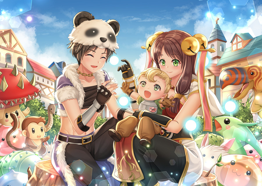 :3, :d, bell, black_gloves, black_hair, black_pants, black_shirt, blonde_hair