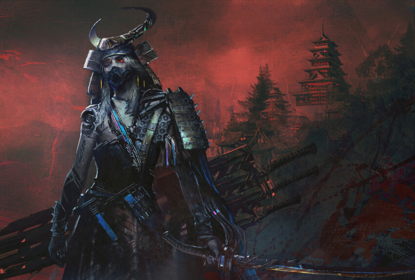 1boy, absurdres, animal_print, architecture, armor, belt, black_mask, black_sclera