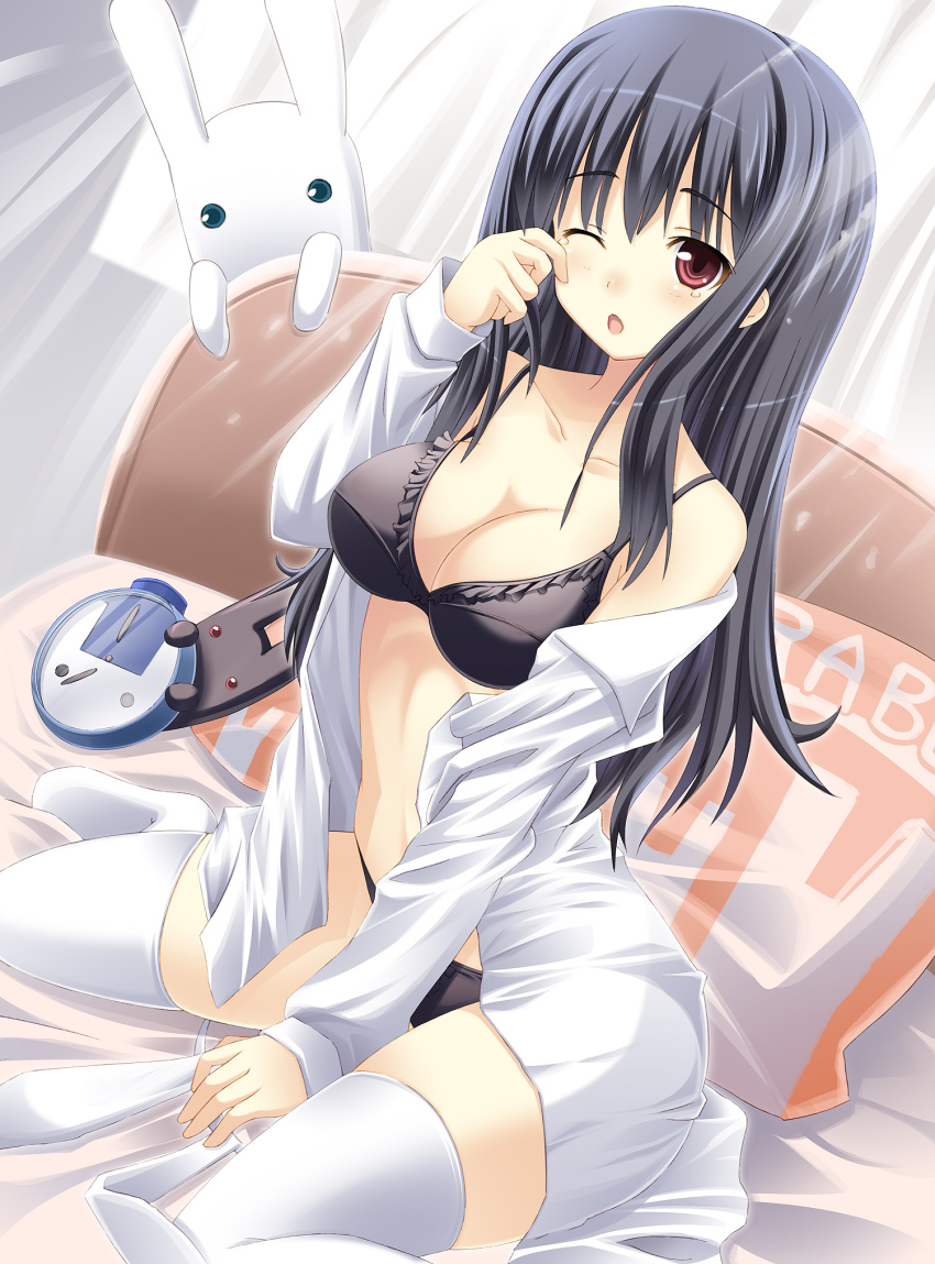 1girl, :o, bed, black_hair, bra, breasts, cleavage, female_focus, frilled_bra, frills, highres, lingerie, long_hair, off_shoulder, open_clothes, open_shirt, original, panties, pillow, rabbit, red_eyes, shirt, sitting, skindentation, sleepy, solo, thighhighs, underwear, usaginezumi, wariza, wince